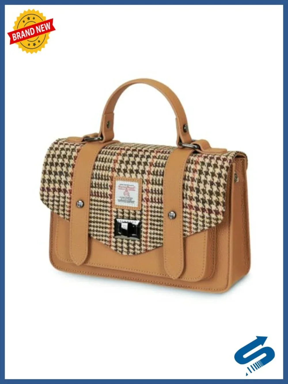 Harris Tweed and Genuine Leather Satchel with Adjustable Strap